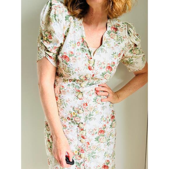 Vintage 90s Floral Pencil Dress Neutral Cottagecore Romantic Garden Party Sz 6-8 - Picture 7 of 11